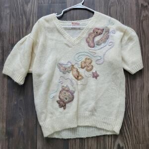 Vintage Beldoch Popper Womens Pullover Sweater L Cream Embroidered Short Sleeve
